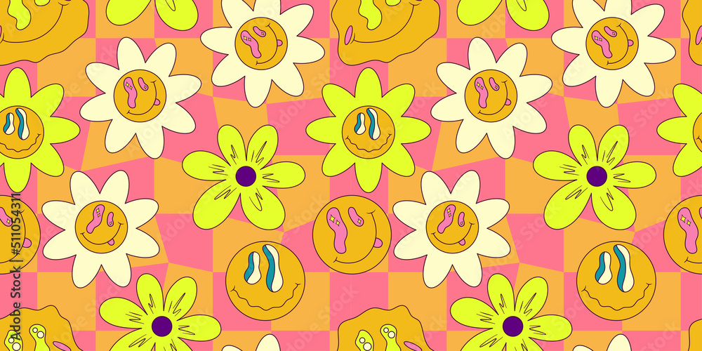 Retro groovy set card 60s-70s style. Daisy flowers, smile face,  checkerboard pattern. Peace signs, freedom. Stay positive. Good vibes only.  Hippie aesthetic background. 26714084 Vector Art at Vecteezy