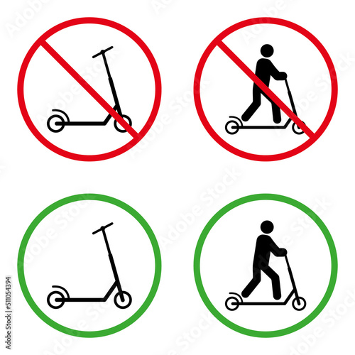 Man on Kick Scooter Forbidden Pictogram. Permit Person on Trotinette Green Circle Symbol. No Allowed Push Wheel Sign. Entry with Eco Transport Black Silhouette Icon Set. Isolated Vector Illustration