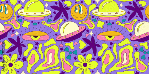 Trippy smile seamless pattern with ufo and cannabis. Psychedelic hippy groovy print. Good 60s, 70s, mood. Vector trippy crazy illustration. Smile face seamless pattern y2k style.