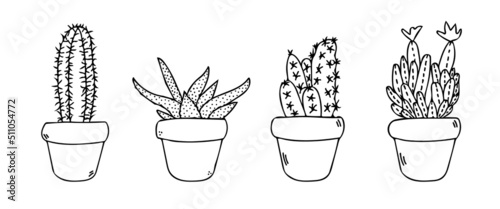 Cactus set in pot vector sketch icons. Cute black succulents illustration. Mexican house cacti in flowerpot line art.