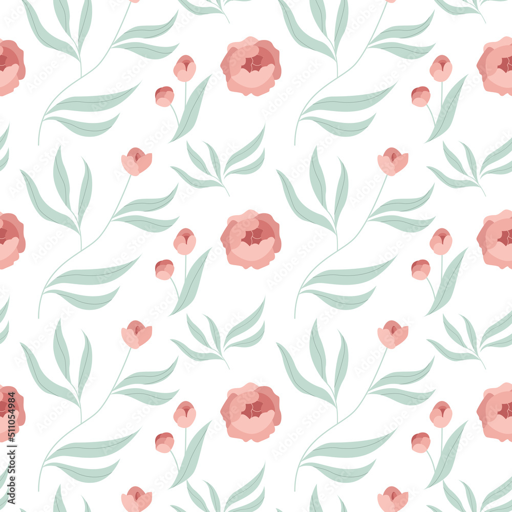 Peony flower. Peonies seamless pattern on a white background. Vector illustration in botanical style. Peony flower. Peonies seamless pattern on a white background. Vector illustration in botanical style.