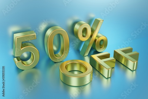 fifty percent discount, 50% off, with gold letters on a blue shiny cyan background, 3D rendering, sale poster