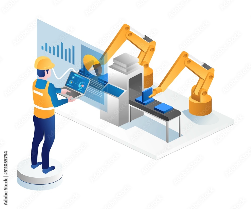 Man controlling factory robot with laptop Man controlling factory robot with laptop
