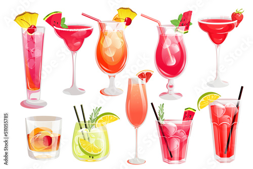A set of alcoholic cocktails.Summer refreshing drinks:Caipirinha,Grapefruit Cocktail,Old Fashion,Plantation Punch,Sea Breeze,Singapore sling,Strawberry and Watermelon cocktails.