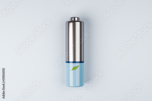 Green energy concept with front view on green leaf printed on silver and blue battery on abstract light grey background. 3D rendering