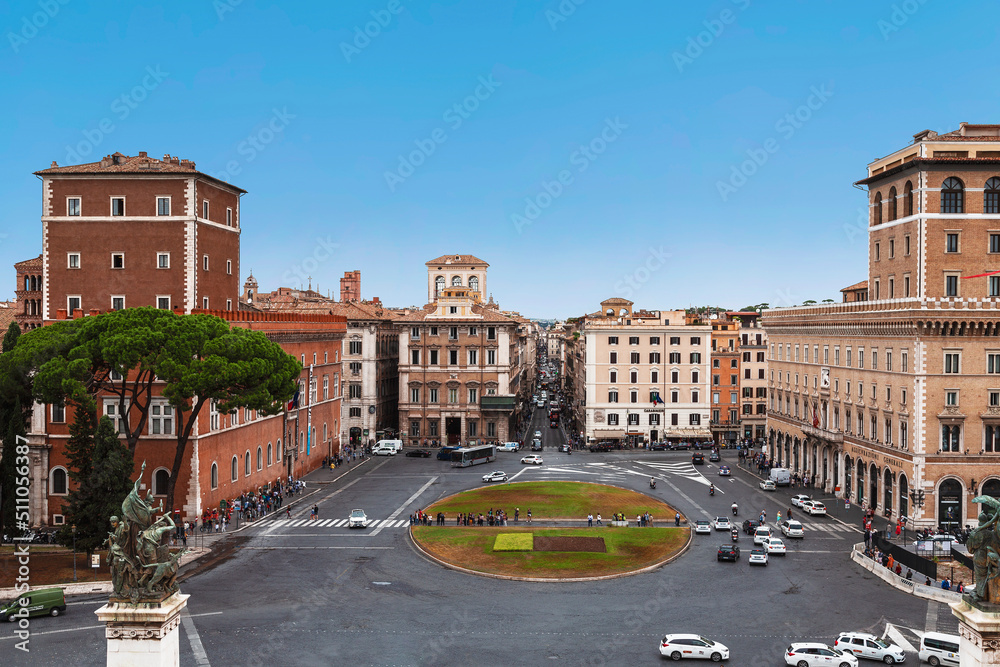 Top view of Venice Square from the steps of the Vittoriano building. Rome, Italy