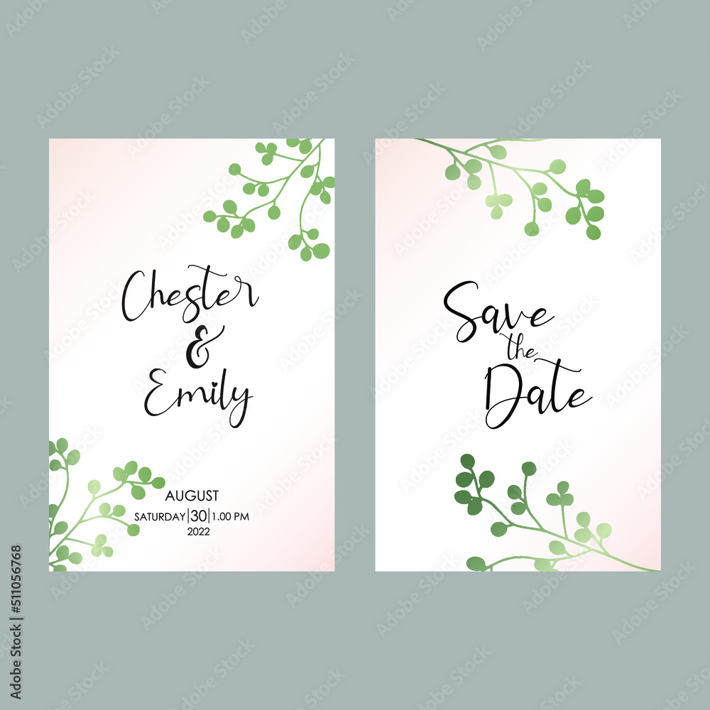 green leaves vector wedding invitation. simple design invitation with green leaves.