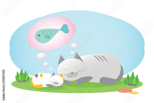 Adorable characters stories of Mother cat and Kitten dreaming of fish  For used in children s tales  Illustration or Vector of two cats  Elements of grass field and sky isolated on white background.