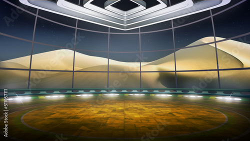 Virtual studio backdrop, with a desert place background. Ideal for artistic tv shows, commercials or events. 3D rendering backdrop suitable on VR tracking system stage sets, with green screen photo