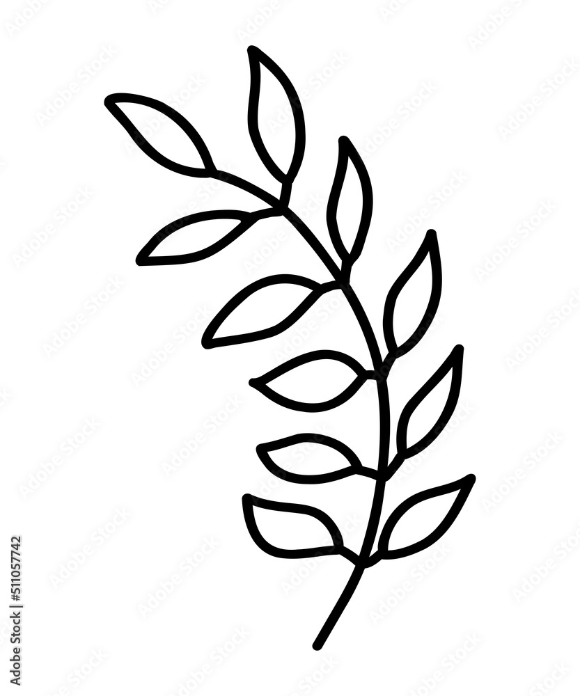 Vector branch icon. Tree branch. Contour Icon of a Tree Branch, clip art, doodle style. Hand Drawing. Floral Decorative Branch of a Plant with Leaves. Laurel