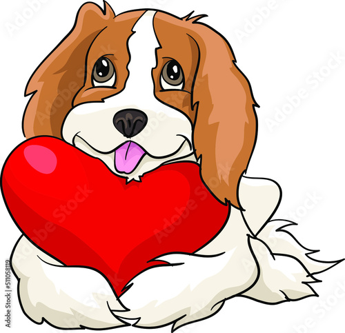 Cavalier King Charles spaniel lying with a red heart pillow, valentines day love, drawing vector illustration dog