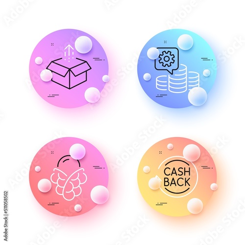 Send box, Cashback and Ice cream minimal line icons. 3d spheres or balls buttons. Making money icons. For web, application, printing. Delivery package, Refund commission, Bubble waffle. Vector