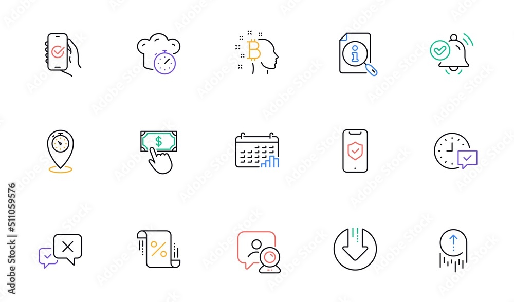 Loan percent, Download arrow and Cooking timer line icons for website, printing. Collection of Select alarm, Reject, Approved app icons. Search, Video conference, Bitcoin think web elements. Vector