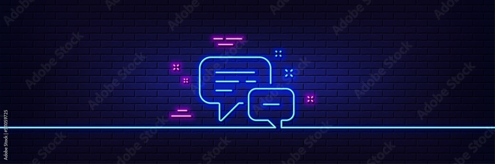 Neon light glow effect. Employees messenger line icon. Speech bubble sign. Chat message symbol. 3d line neon glow icon. Brick wall banner. Employees messenger outline. Vector Neon light glow effect. Employees messenger line icon. Speech bubble sign. Chat message symbol. 3d line neon glow icon. Brick wall banner. Employees messenger outline. Vector