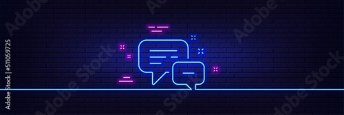 Neon light glow effect. Employees messenger line icon. Speech bubble sign. Chat message symbol. 3d line neon glow icon. Brick wall banner. Employees messenger outline. Vector