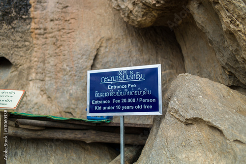 Entrance fee sign of Tham Ting Cave, Luang Prabang, Laos