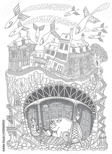 Raid of fantasy flying monsters on a fairy tale town, a safe underground shelter for dragon family with library furniture. Adults coloring book page