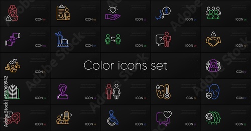 Set of Dont handshake, Group and Teamwork business line icons. Include Agent, Businesswoman person, Fever icons. Teamwork chart, Disability, Restroom web elements. Search employee. Vector