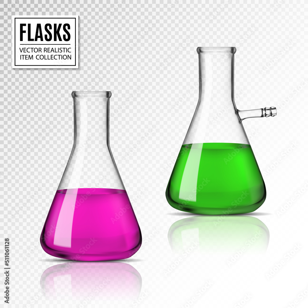 Vector transparent glass chemical flasks full off green and rose color liquid. Beakers isolated on transparent background