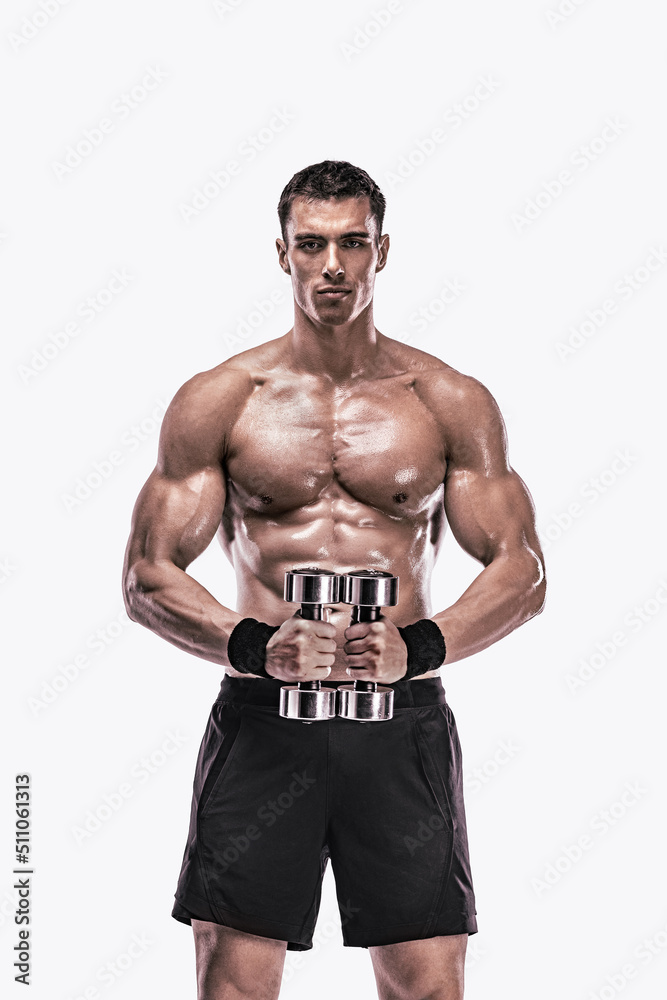 Man athlete with dumbbells isolated on white background. Gym full body workout. Muscular man athlete in fitness gym have havy workout. Sports trainer on trainging. Fitness motivation. Man athlete with dumbbells isolated on white background. Gym full body workout. Muscular man athlete in fitness gym have havy workout. Sports trainer on trainging. Fitness motivation.