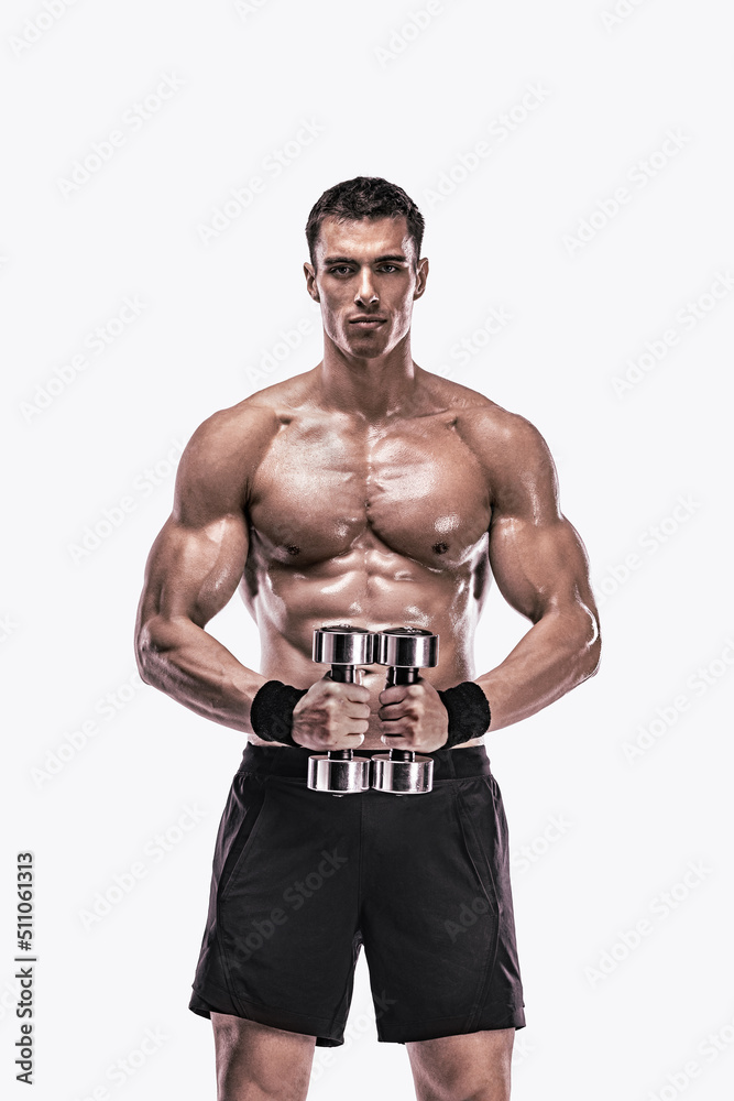 Man athlete with dumbbells isolated on white background. Gym full body workout. Muscular man athlete in fitness gym have havy workout. Sports trainer on trainging. Fitness motivation.