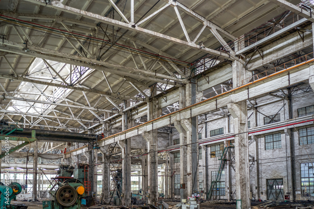 An abandoned steel frame structure automobile production workshop