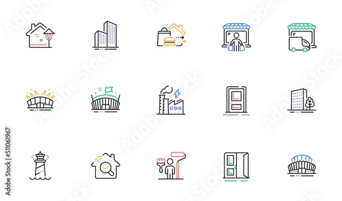 Skyscraper buildings, Arena and Lighthouse line icons for website, printing. Collection of Market buyer, Sports stadium, Inspect icons. Painter, Electricity factory, Arena stadium web elements. Vector