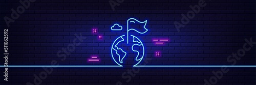 Neon light glow effect. Flag on map line icon. Goal destination sign. Location pin symbol. 3d line neon glow icon. Brick wall banner. Destination flag outline. Vector
