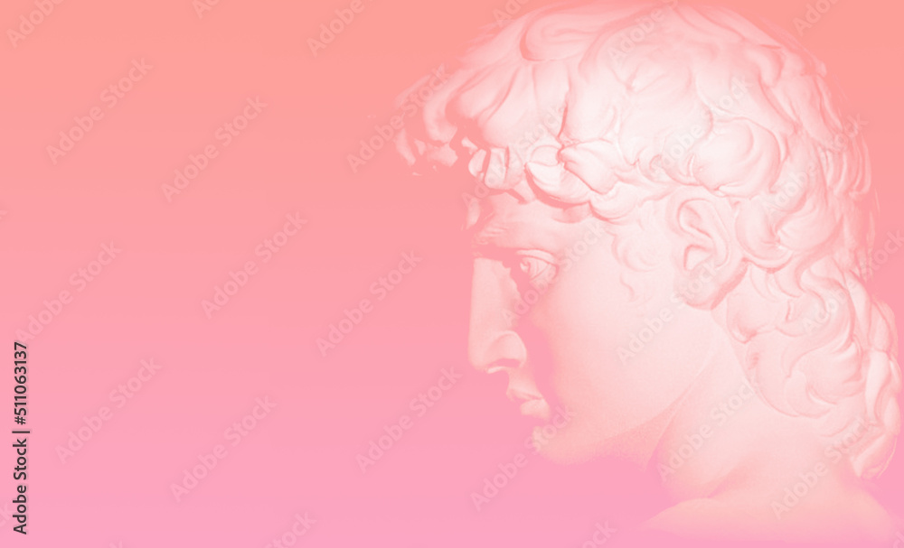 Head of Michelangelo's David Sculpture isolated in neon pink lighting. 3D illustration. Classical sculpture in vaporwave retrofuturistic style.