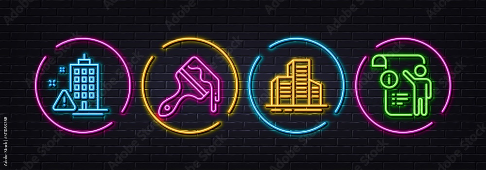 Building warning, Brush and Buildings minimal line icons. Neon laser 3d lights. Manual doc icons. For web, application, printing. Inspection risk, Art brush, City architecture. Project info. Vector