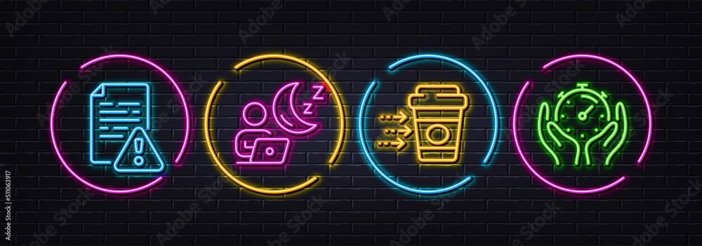 Coffee delivery, Instruction manual and Shift minimal line icons. Neon laser 3d lights. Timer icons. For web, application, printing. Soft beverage, Important document, Night office. Vector