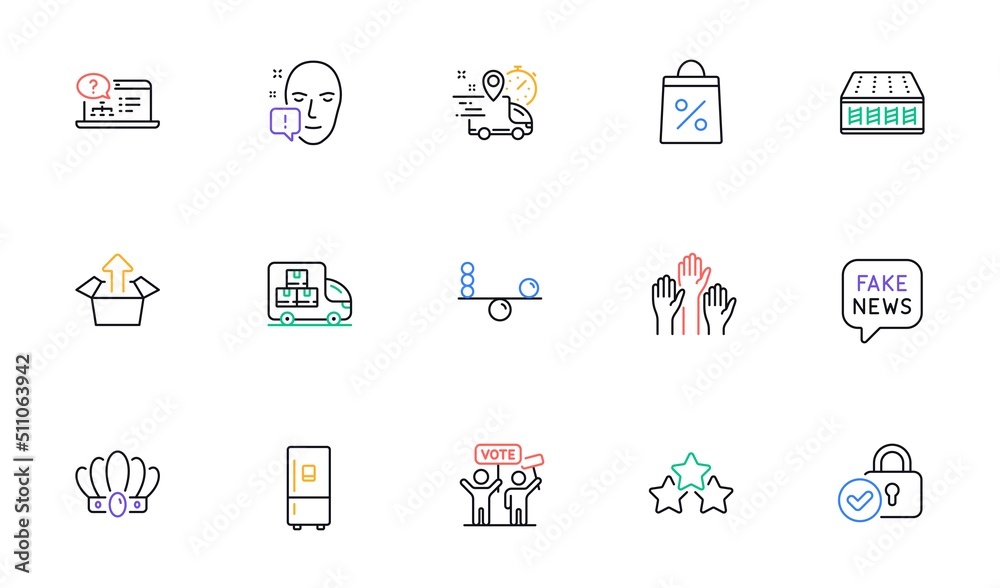 Mattress, Face attention and Fake news line icons for website, printing. Collection of Online help, Voting campaign, Express delivery icons. Crown, Delivery truck, Send box web elements. Vector