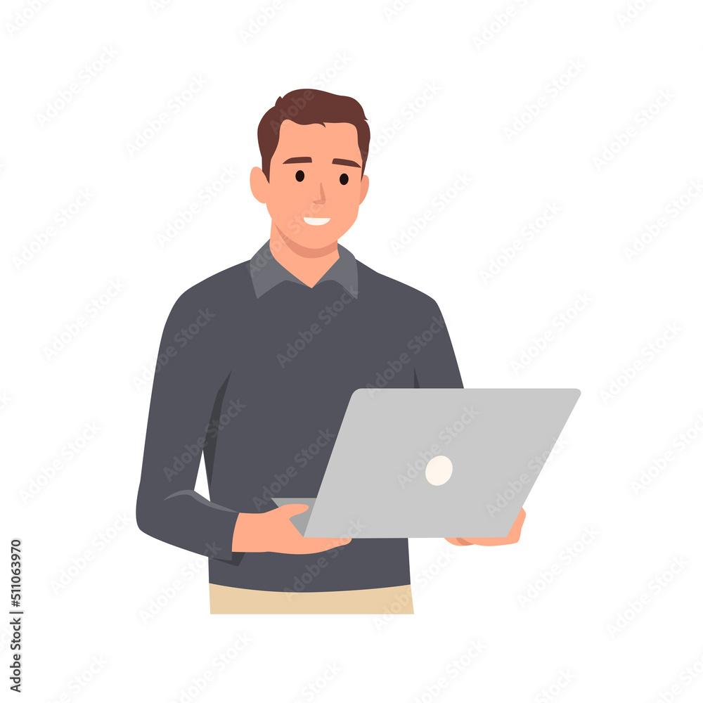 Young man holding or using laptop computer. Laptop computer technology concept character . Flat vector illustration isolated on white background Young man holding or using laptop computer. Laptop computer technology concept character . Flat vector illustration isolated on white background