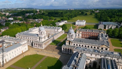 Old Royal Naval College and National Maritime Museum in London Greenwich - aerial view - travel photography photo