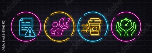 Coffee delivery, Instruction manual and Shift minimal line icons. Neon laser 3d lights. Timer icons. For web, application, printing. Soft beverage, Important document, Night office. Vector