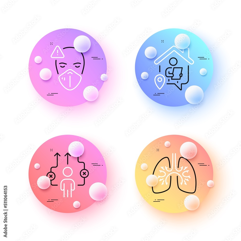 Lungs, Work home and Medical mask minimal line icons. 3d spheres or balls buttons. Business way icons. For web, application, printing. Respiratory pneumonia, Freelance work, Face respirator. Vector Lungs, Work home and Medical mask minimal line icons. 3d spheres or balls buttons. Business way icons. For web, application, printing. Respiratory pneumonia, Freelance work, Face respirator. Vector