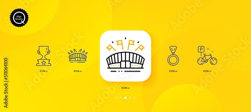 Medal, Arena stadium and Bike minimal line icons. Yellow abstract background. Winner cup, Sports arena icons. For web, application, printing. Winner, Sport complex, Mountain bicycle. Award cup. Vector