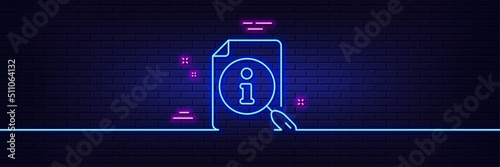 Neon light glow effect. Search info line icon. User manual sign. Information document symbol. 3d line neon glow icon. Brick wall banner. Search outline. Vector