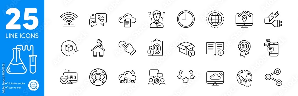 Outline icons set. Heart, Time and Share icons. Return package, Support consultant, Work home web elements. 5g cloud, Home, Cloud storage signs. Engineering team, Fingerprint, Communication. Vector Outline icons set. Heart, Time and Share icons. Return package, Support consultant, Work home web elements. 5g cloud, Home, Cloud storage signs. Engineering team, Fingerprint, Communication. Vector