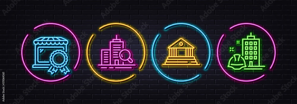 Best market, Court building and Inspect minimal line icons. Neon laser 3d lights. Construction building icons. For web, application, printing. Certified store, Judgement, Engineer helmet. Vector