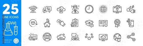 Outline icons set. Heart, Time and Share icons. Return package, Support consultant, Work home web elements. 5g cloud, Home, Cloud storage signs. Engineering team, Fingerprint, Communication. Vector