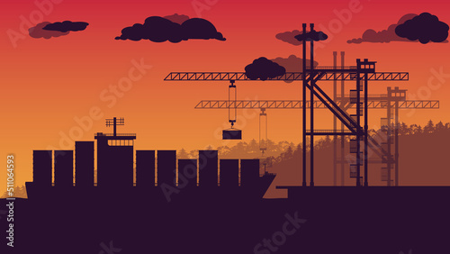 silhouette of Transport cargo sea ship loading containers and harbor crane at port on orange gradient background