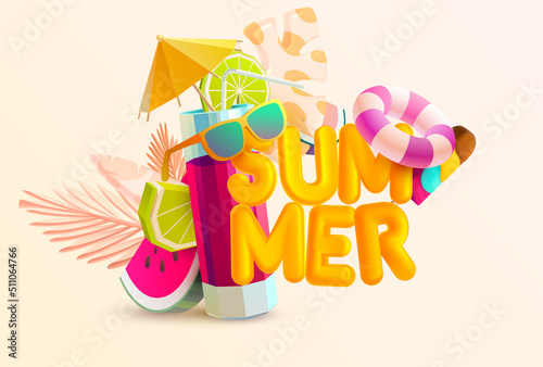 Summer holiday lettering design. Bright poster with 3D letters, cocktail, fruit and tropical leaves. Realistic vector illustration.