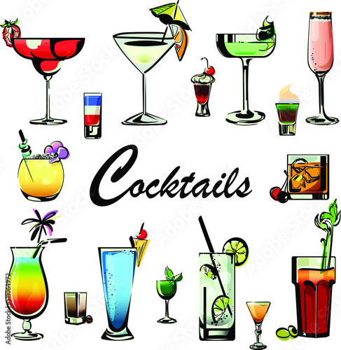 Colorful set of elements for a bar, night club. Stylized sketches of various glasses and cocktails for decoration, menus, parties, holidays.