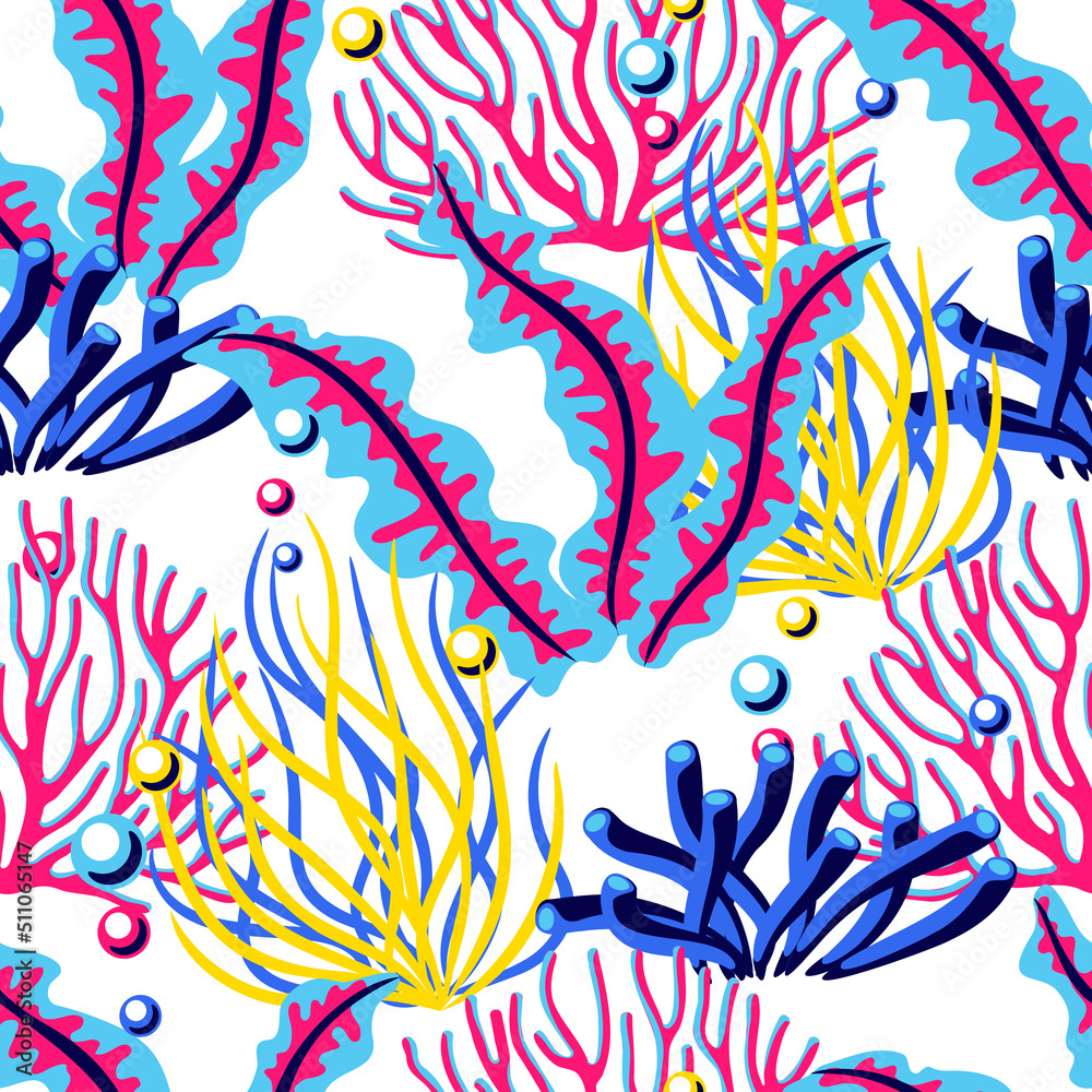 Naklejka premium Seamless pattern with sea algae and corals. Marine life aquarium and sea flora.