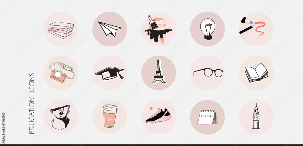 Instagram social media highlight cover icons. hand drawn vector illustration symbols for student education, learning, course, knowledge of art and culture in Europe, creative thinking innovation