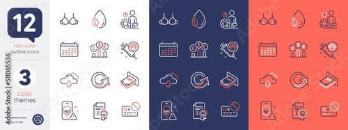Set of Dog vaccination, Bra and Leaf dew line icons. Include Calendar, Smile, Atm money icons. Rainy weather, Inspect, Cyber attack web elements. Currency rate, Reload, Card. Pets medicine. Vector