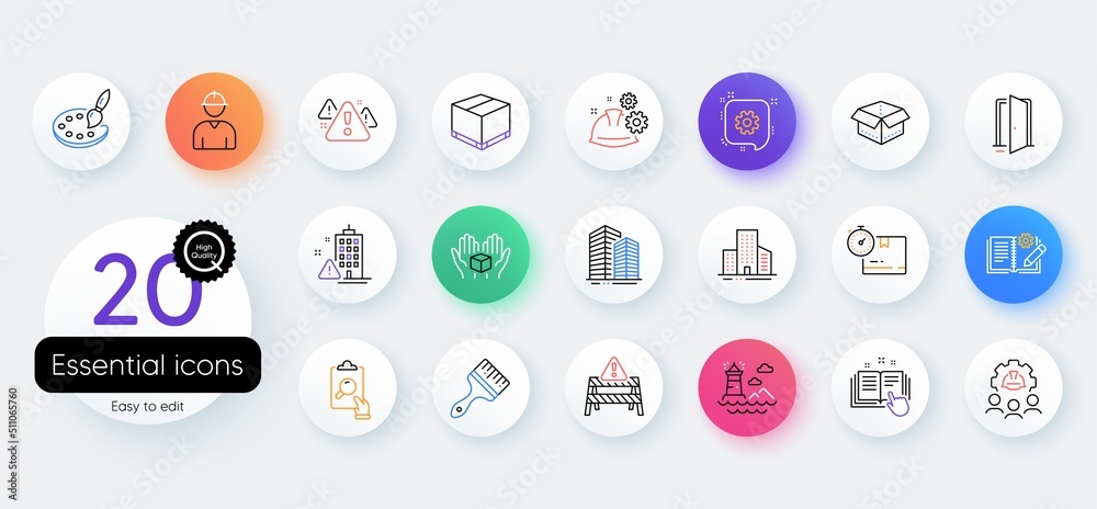 Simple set of Inspect, Building warning and Engineering team line icons. Include Delivery box, Open box, Lighthouse icons. Brush, Warning, Buildings web elements. Palette, Engineer. Vector Simple set of Inspect, Building warning and Engineering team line icons. Include Delivery box, Open box, Lighthouse icons. Brush, Warning, Buildings web elements. Palette, Engineer. Vector