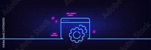 Neon light glow effect. Seo gear line icon. Web settings sign. Traffic management symbol. 3d line neon glow icon. Brick wall banner. Seo gear outline. Vector
