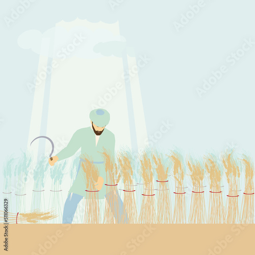 A bearded man in traditional dress reaps sheaves in a wheat field. Holding a sickle in his hand. bright day.
Delicate colorful vector illustration.